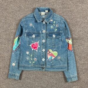 VTG Embroidered Denim Jean Jacket Women S Whimsical Sequins Flower Beaded Hearts